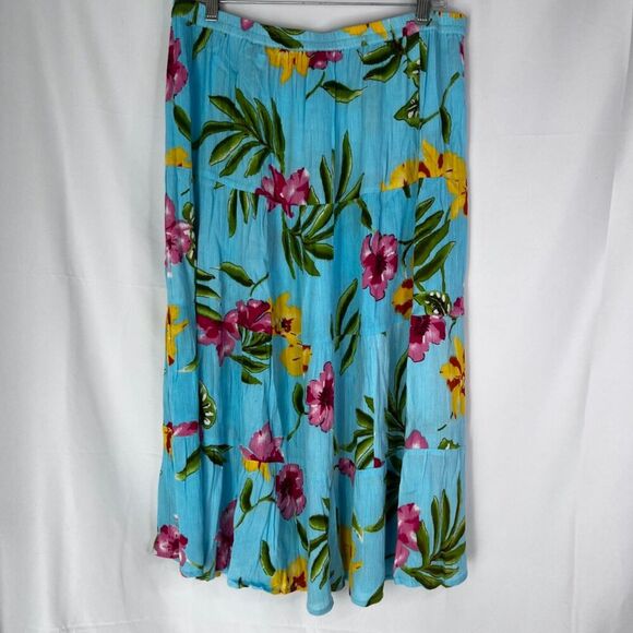 Cathy Daniels Blue Bold Floral Pull On Elastic Waist Tiered Aline Maxi Skirt XL - Picture 2 of 9